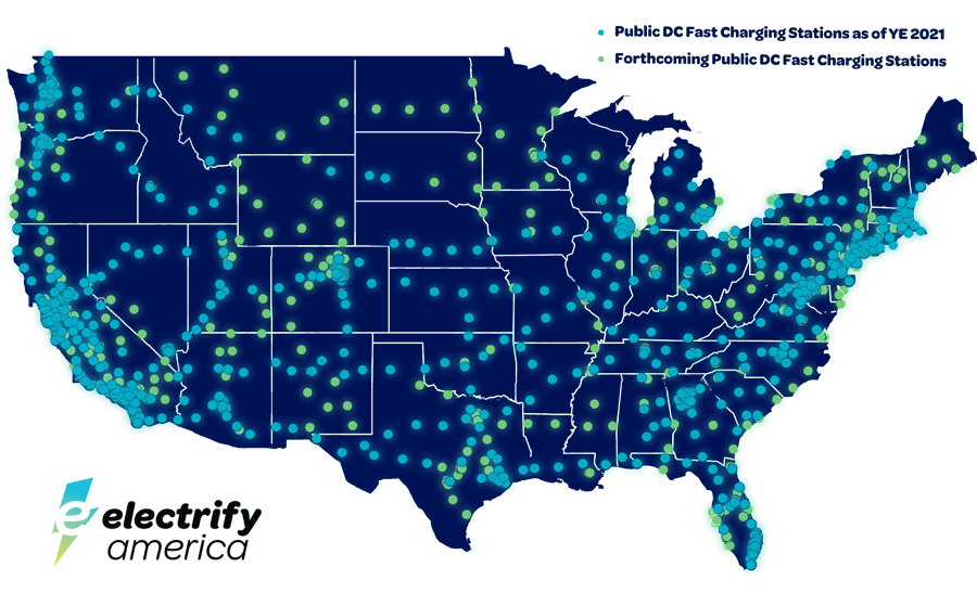 Map of the United States with dots on it depicting locations of electric vehicle charging stations