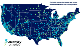 Map of the United States with dots on it depicting locations of electric vehicle charging stations